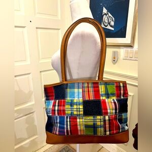 GUC Bueno Plaid Madras Patchwork Tote Bag with Brown Accents